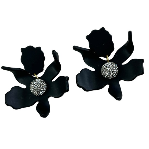 Lele Sadoughi Jet Crystal Lily Earrings Black Pierced Post Signed - Picture 1 of 6
